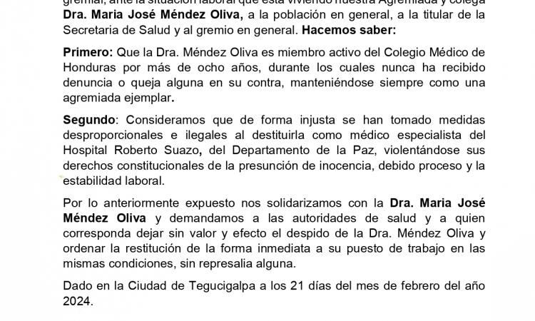 Comunicado de Solidaridad Dra. María José Oliva 