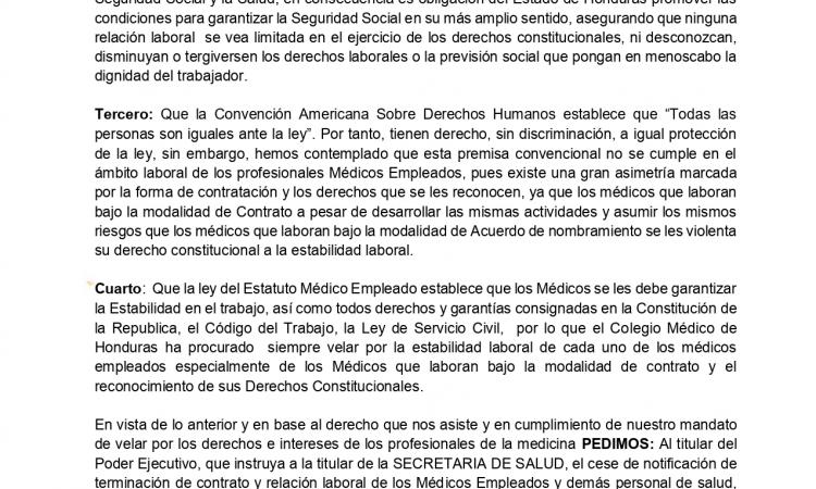 PRONUNCIAMIENTO EN CONTRA DE TERMINACIÓN DE CONTRATO DE MEDICOS EMPLEADOS 