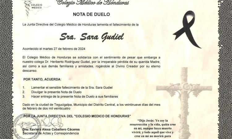 Nota de Duelo Señora Sara Gudiel madre del Dr. Heriberto Rodríguez Gudiel