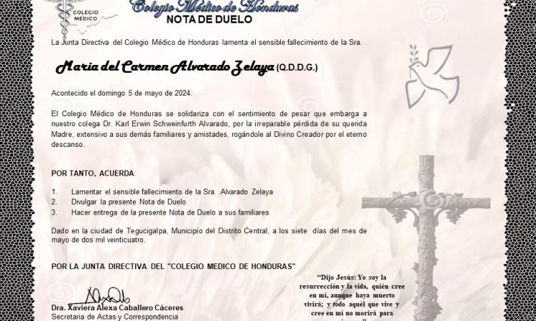Nota de Duelo de la Señora María del Carmen Alvarado Zelaya (Q.D.D.G.), madre del Dr. Karl Erwin Schweinfurth Alvarado.