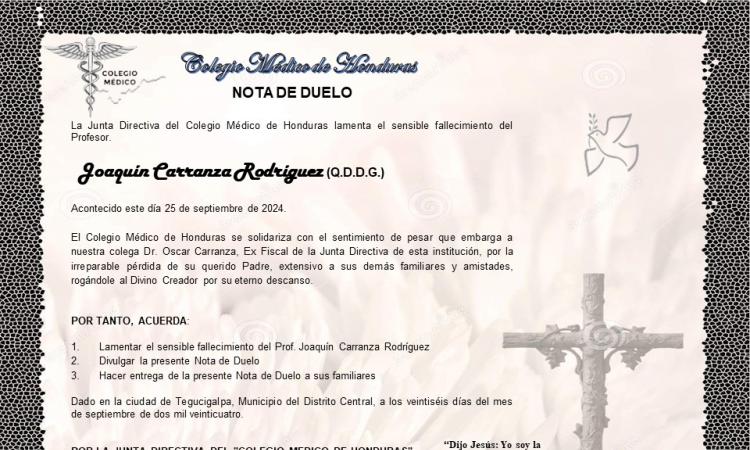 Nota de duelo Profesor Joaquin Carranza Rodriguez (Q.D.D.G.)