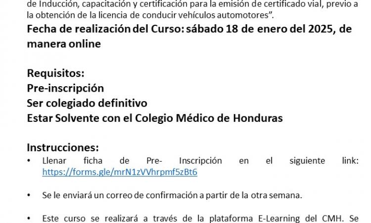 Convocatoria 9na. edición del curso “Proceso de Inducción, capacitación y certificación para la emisión de certificado vial, previo a la obtención de la licencia de conducir vehículos automotores”