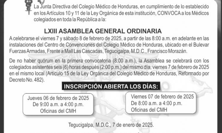 Convocatoria y Credencial LXIII Asamblea General Ordinaria